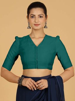 Binks - Shravani X Rozaana Puff Sleeves Peacock Green Stitched Blouse