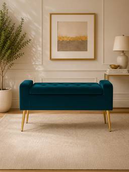 Doe Buck - Victoria Teal Upholstered Ottoman Bench With Gold Legs