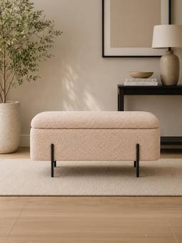 Doe Buck - Vera Light Beige Bouclé Ottoman Bench With Black Metal Legs