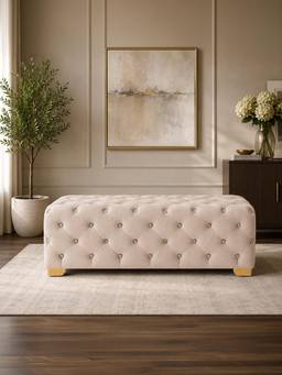 Doe Buck - Velora Beige Velvet Tufted Bench With Gold Base