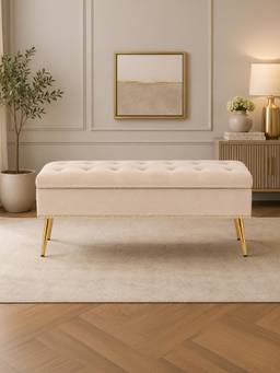Doe Buck - Cove Beige Velvet Tufted Ottoman Bench With Gold Legs