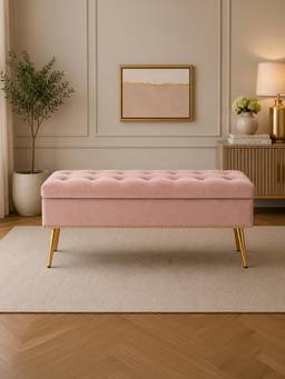 Doe Buck - Cove Pink Velvet Tufted Ottoman Bench With Gold Legs