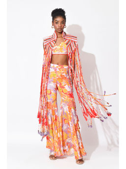 RISHI & VIBHUTI - Orange Rio Revelry Crop Top With Pant And Jacket (Set of 3)