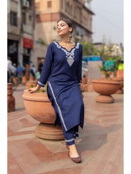 Gharana India - Luxury Rayon Navy Blue Chikankari Co-Ord Set