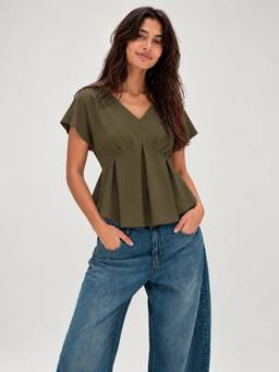 Cove and Lane - Pleated Lustra Satin Olive Top