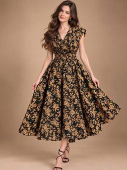 Sera - Poplin Boho Flared Black Midi Dress