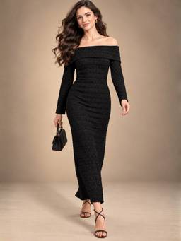 Sera - Embroidered Bodycon Black Maxi Dress