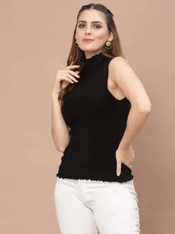 Mafadeny - Women Solid Sleeveless High Neck Ribbed Knit Black Top