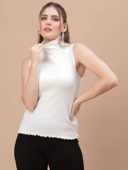 Mafadeny - Women Solid Sleeveless High Neck Ribbed Knit White Top