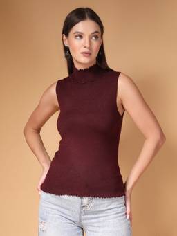 Mafadeny - Women Sleeveless High Neck Ribbed Knit Red Top