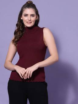 Mafadeny - Women Sleeveless High Neck Ribbed Knit Maroon Top