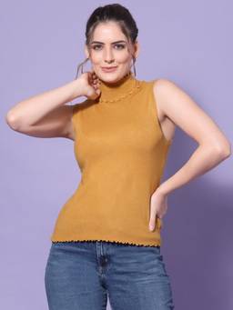 Mafadeny - Women Sleeveless High Neck Ribbed Knit Yellow Top