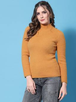 Mafadeny - Women Ribbed Feather Knit Yellow Top