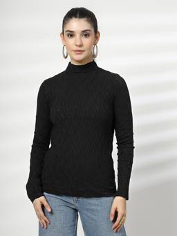 Mafadeny - Women Solid High Neck Textured Black Top