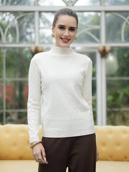 Mafadeny - Women Textured High Neck Knit Off White Top