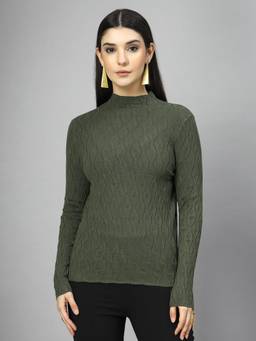 Mafadeny - Women Solid High Neck Textured Green Top