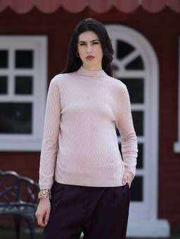 Mafadeny - Women Textured High Neck Knit Pink Top