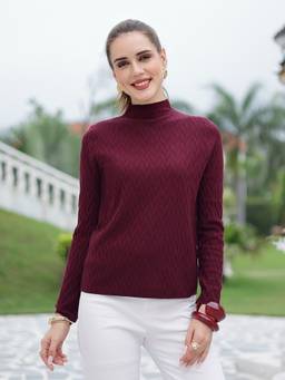 Mafadeny - Women Textured High Neck Knit Red Top