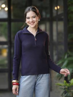 Mafadeny - Women Solid High Neck Zip-Up Knit Blue Top