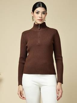 Mafadeny - Women Solid High Neck Zip-Up Knit Brown Top