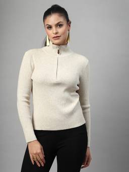 Mafadeny - Women Solid High Neck Zip-Up Knit Beige Top