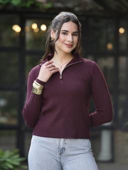 Mafadeny - Women Solid High Neck Zip-Up Knit Purple Top