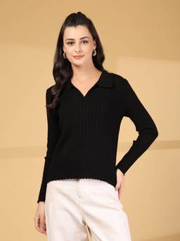 Mafadeny - Women Solid Collared Ribbed Knit Black Top