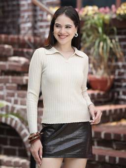 Mafadeny - Women Solid Collared Ribbed Knit Beige Top