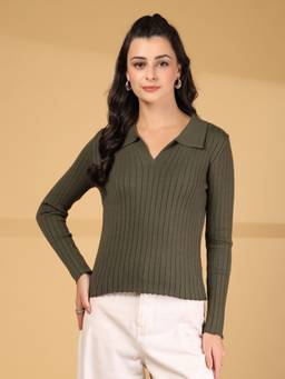 Mafadeny - Women Solid Collared Ribbed Knit Green Top