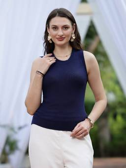 Mafadeny - Women Ribbed Round Neck Sleeveless Blue Top