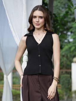 Mafadeny - Women Black Ribbed Knitted Collared Sleeveless Top