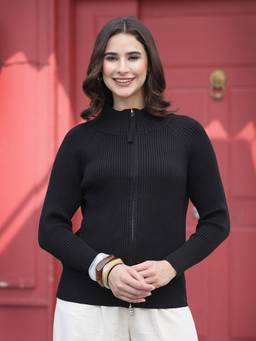 Mafadeny - Women Ribbed High-Neck Full Sleeve Zip-Up Black Top