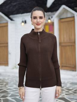Mafadeny - Women Ribbed High-Neck Full Sleeve Zip-Up Brown Top