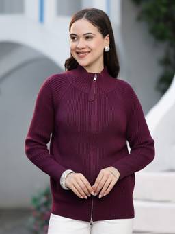 Mafadeny - Women Ribbed High-Neck Full Sleeve Zip-Up Red Top