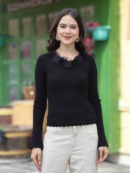 Mafadeny - Women Floral Embellished Ribbed Black Top