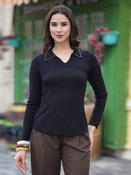 Mafadeny - Women Solid Ribbed Knit Black Top