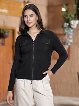 Mafadeny - Women Textured Zip Up Black Top