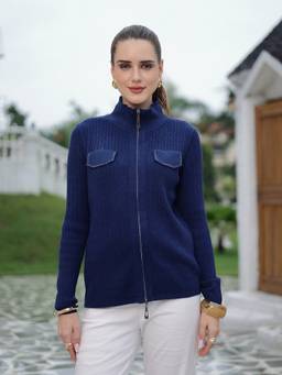 Mafadeny - Women Textured Zip Up Blue Top