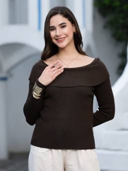 Mafadeny - Women Solid Off Shoulder Ribbed Knit Brown Top