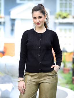 Mafadeny - Women Textured Full Sleeve Knit Black Top