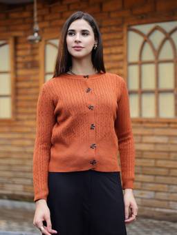 Mafadeny - Women Textured Full Sleeve Knit Rust Top
