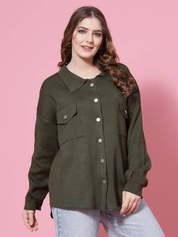 Mafadeny - Women Collared Button-Front Green Shirt Top