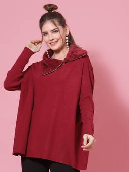 Mafadeny - Women Loose Fit Full Sleeve Red Top