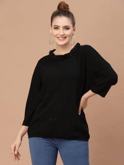 Mafadeny - Women Embellished Faux Fur Neck Black Top
