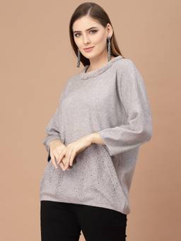 Mafadeny - Women Embellished Faux Fur Neck Grey Top