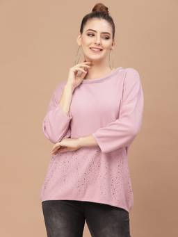 Mafadeny - Women Embellished Faux Fur Neck Pink Top