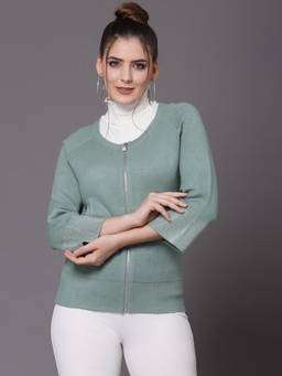 Mafadeny - Women Embellished Front-Open Zip Green Top