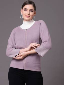 Mafadeny - Women Embellished Front-Open Zip Purple Top