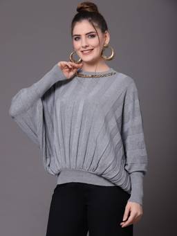 Mafadeny - Women Ribbed Round Neck Batwing Sleeve Grey Top