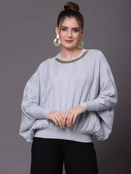 Mafadeny - Women Ribbed Round Neck Batwing Sleeve Blue Top